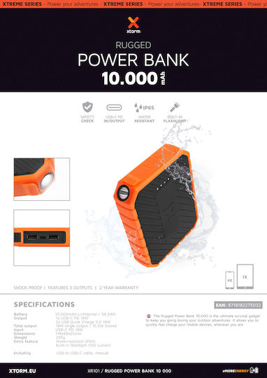 Xtorm Rugged Power Bank 10000mAh 18W με 2 Θύρες USB-A και Θύρα USB-C Power Delivery / Quick Charge 3.0 Πορτοκαλί