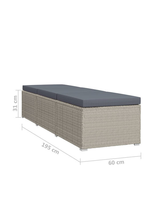 Liegestuhl-Bett Einzel Rattan mit Kissen Grey mit Tisch 3Stück 195x60x31cm.