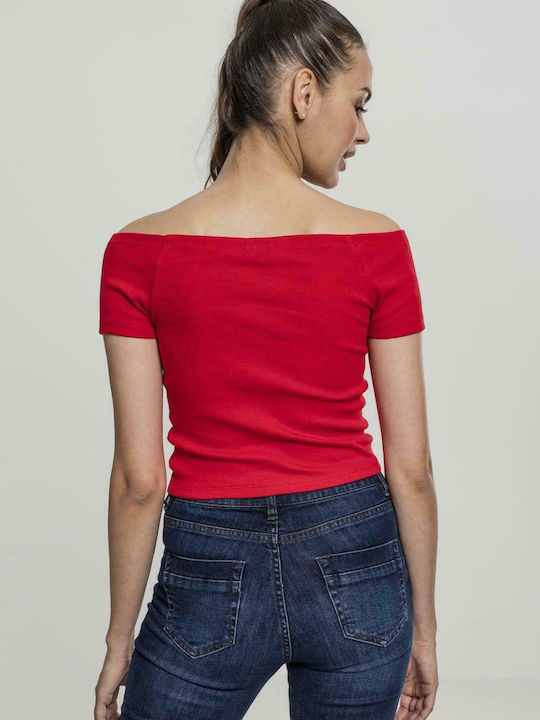 Urban Classics TB1500 Damen Sommerliches Crop Top Schulterfrei Baumwolle Kurzärmelig Rot