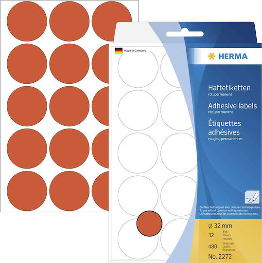 Herma 480 бр Самозалепващи Етикети Кръгли В Червен Цвят 32 мм