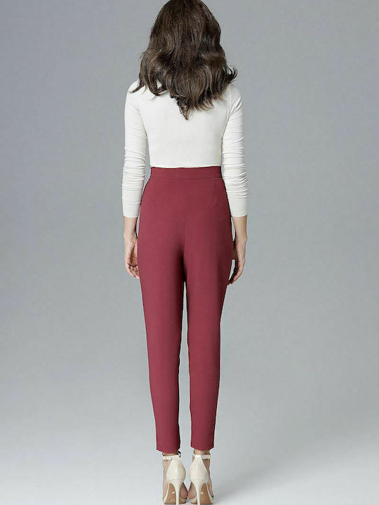 Lenitif L018 Women's High-waisted Fabric Trousers in Loose Fit Burgundy