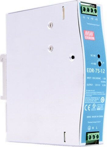 Mean Well Τροφοδοτικό Ράγας με Έξοδο 12V και Ισχύ 75W 6.3A