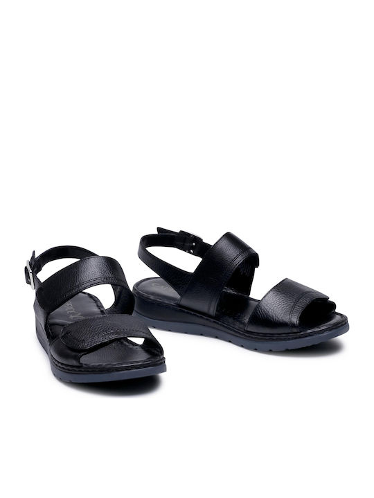 Leather Women's Flat Sandals Anatomic with Strap in Black Color