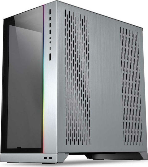 Lian Li PC-011 Dynamic XL (ROG Certified) Геймърско бюро Midi Tower Компютърна кутия със страничен прозорец и RGB осветление Сребрист