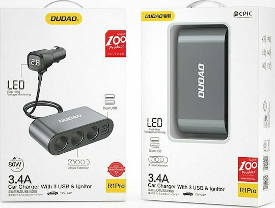 Dudao R1Pro Auto-Ladegerät 3.4W mit Anschlüssen: 2xUSB 3xZigarettenanzünder Schwarz Farbe