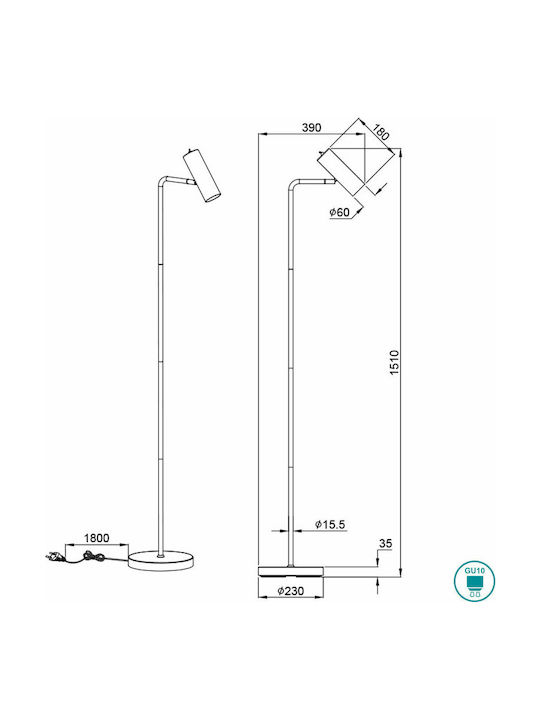 Trio Lighting Marley Floor Lamp H151xW45cm. with Socket for Bulb GU10 Black
