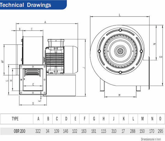 Bahcivan Centrifugal - Centrifugal Ventilator industrial OBR200M-2K Diametru 200mm