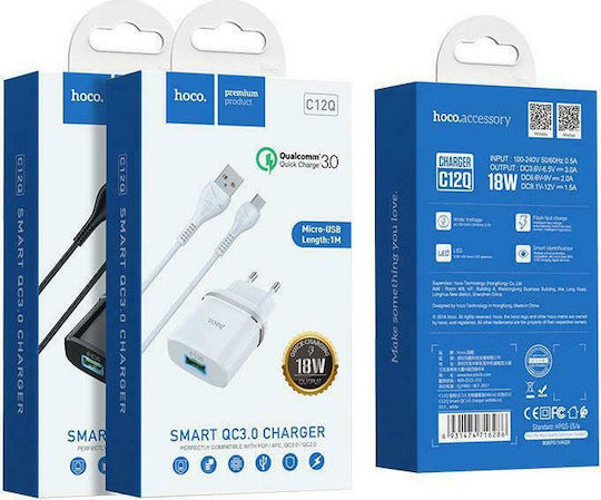 Hoco Φορτιστής με Θύρα USB-A και Καλώδιο micro USB 18W Quick Charge 3.0 Μαύρος (C12Q Smart)