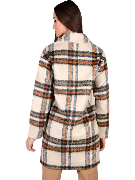 Tom Tailor Women's Checked Short Coat with Buttons Ecru/Camel