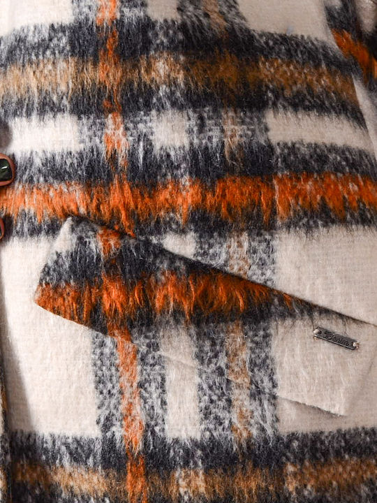 Women's Checked Ecru/Camel Coat with Buttons