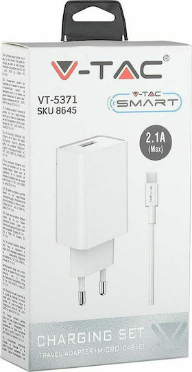 V-TAC Charger with USB-A Port and Cable micro USB Whites (VT-5371)