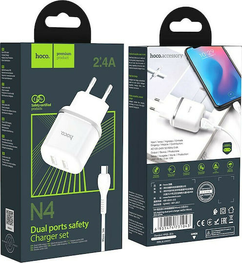 Hoco Ladegerät mit 2 USB-A Anschlüsse und Kabel Micro-USB Weißs (N4 Aspiring)