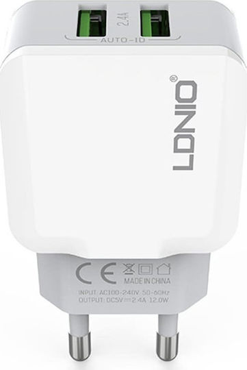Ldnio Încărcător Fără Cablu cu 2 Porturi USB-A Albς (A2202)