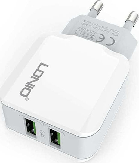 Ldnio Încărcător Fără Cablu cu 2 Porturi USB-A Albς (A2202)