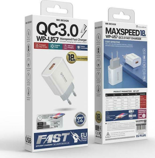 WK Φορτιστής με Θύρα USB-A και Καλώδιο USB-C 18W Quick Charge 3.0 Λευκός (WP-U57)
