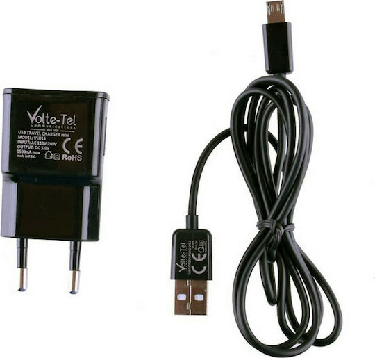 Volte-Tel Зарядно Устройство с USB-A Изходен Порт и Кабел micro USB Черен (VCD05+VLU15)