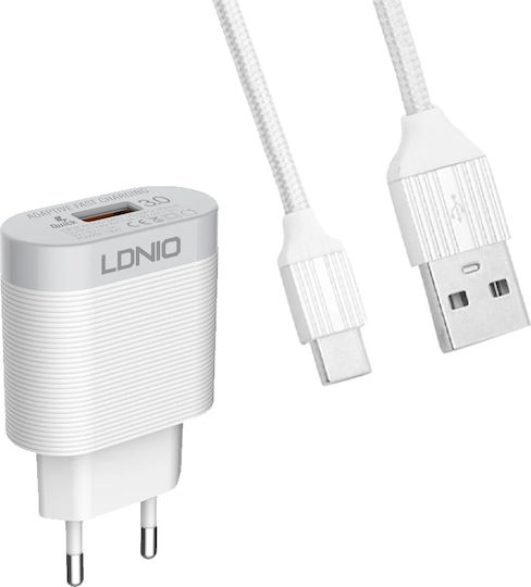 Ldnio Mobile Phone Charger with USB-A Output Port and micro USB Cable 18W Quick Charge 3.0 White