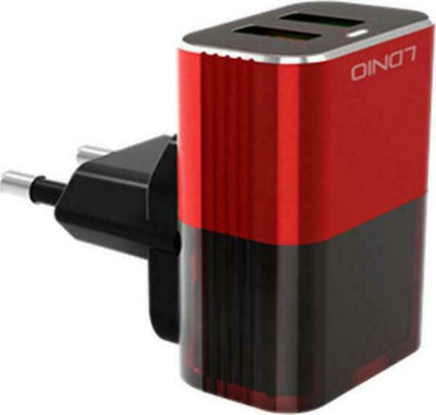 Ldnio Φορτιστής Χωρίς Καλώδιο με 2 Θύρες USB-A Κόκκινος (A2206)