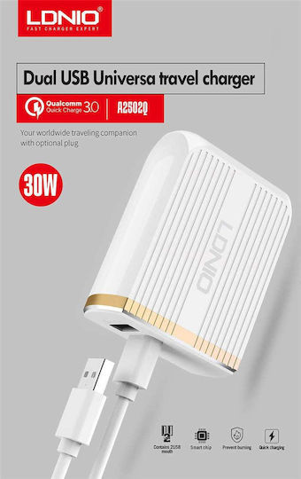 Ldnio Φορτιστής με 2 Θύρες USB-A και Καλώδιο Lightning 30W Quick Charge 3.0 Λευκός (A2502Q)