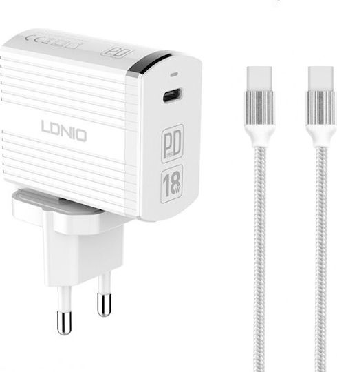 Ldnio Charger with USB-C Port and Cable USB-C 18W Power Delivery Whites (A1302Q-C)