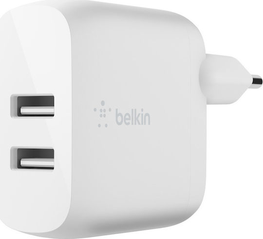Belkin Φορτιστής με 2 Θύρες USB-A και Καλώδιο USB-C 24W Λευκός (Boost Charge)