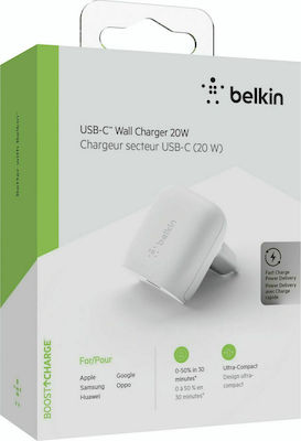 Belkin Φορτιστής Χωρίς Καλώδιο με Θύρα USB-C 20W Power Delivery Λευκός (BoostCharge)