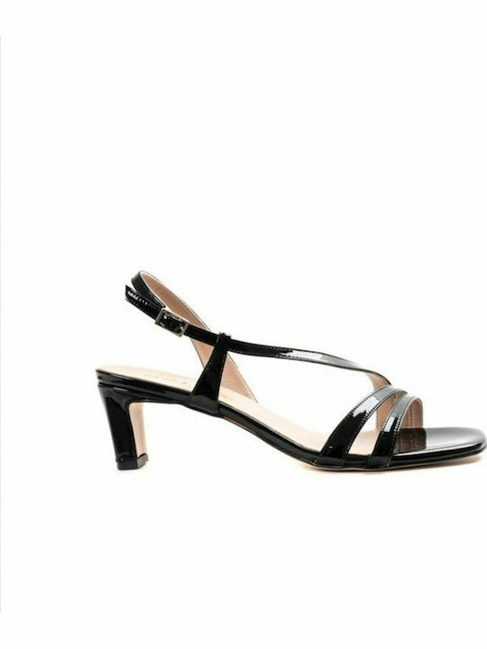 Paola Ferri Patent Leather Women's Sandals Ginette Black with Chunky Medium Heel