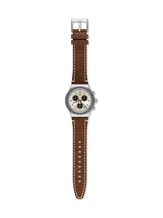 Swatch Rhum Battery Chronograph Watch with Leather Strap Brown