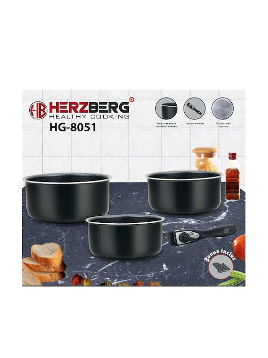 Herzberg Aluminum Pots Set Black with Stone Coating 3 Pieces