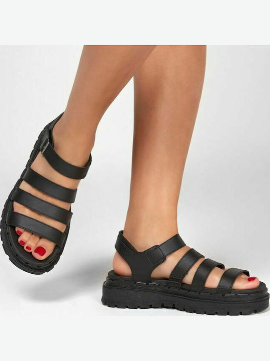 Jammers Leder Flache Damen Sandalen Flatforms Schwarz