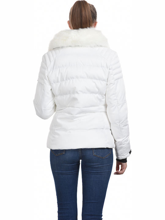 Splendid Kurz Damen Puffer Jacke mit pelziger Kapuze für Winter Weiß