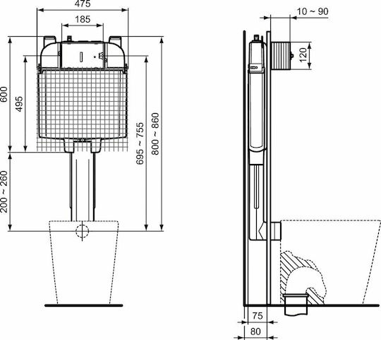 Ideal Standard Prosys 80 Built-in Plastic Rezervor de toaletă Rectangular Presiune scăzută