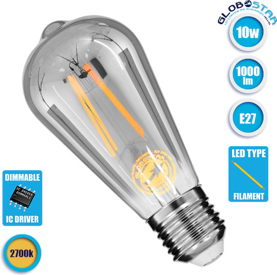 GloboStar Edison Retro LED-Lampe 10W 145mm für Fassung E27 und Form ST64 Warmes Weiß 1000lm Dimmbar