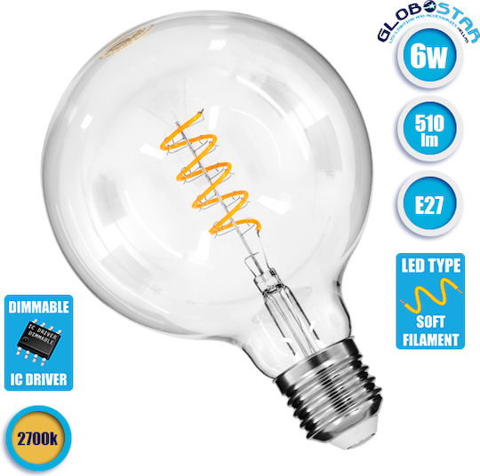 GloboStar Edison Retro Λάμπα LED 6W 180mm για Ντουί E27 και Σχήμα G125 Θερμό Λευκό 510lm Dimmable