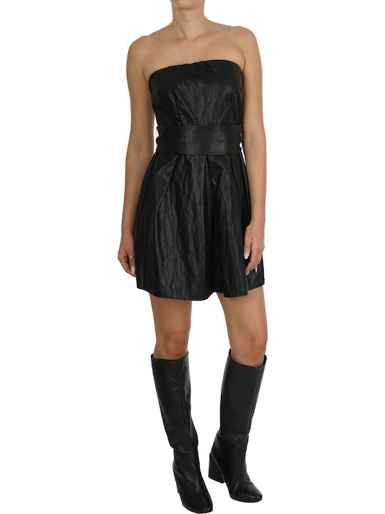 Summer Mini Evening Strapless Leather Black Dress