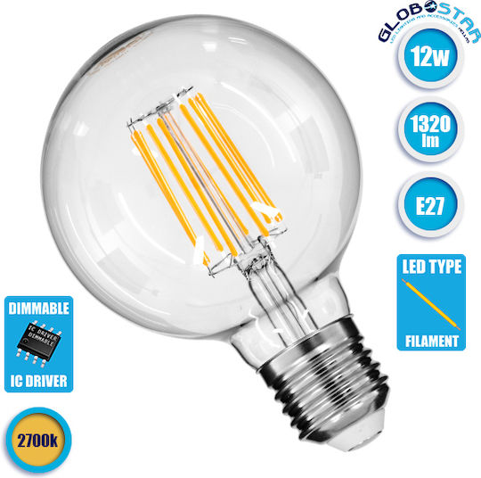 GloboStar Edison Retro LED-Lampe 12W 137mm für Fassung E27 und Form G95 Warmes Weiß 1320lm Dimmbar