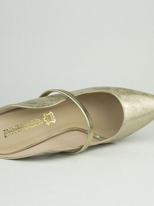 Leder Pantoletten mit Chunky Hoch Absatz in Gold Farbe