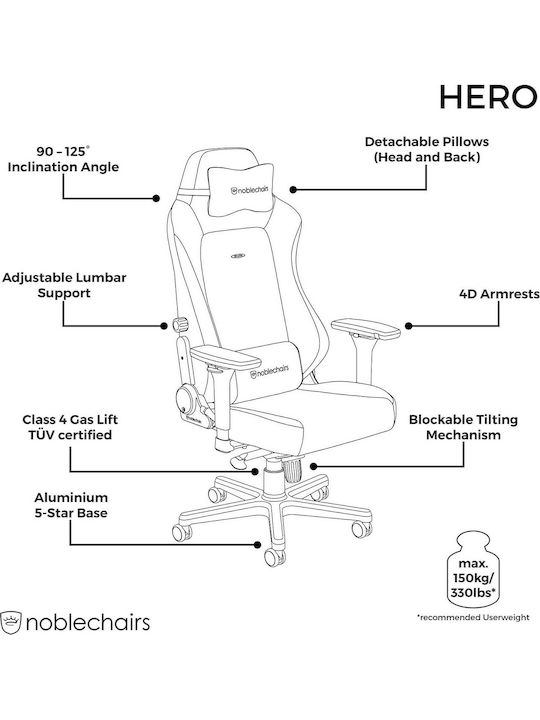 Noblechairs Hero Pure Leather Δερμάτινη Καρέκλα Gaming με Ρυθμιζόμενα Μπράτσα Μαύρη