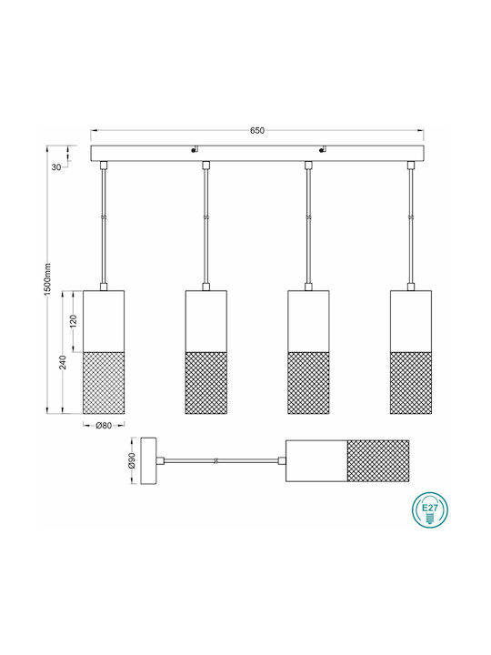 Trio Lighting Tosh Ρυθμιζόμενο Κρεμαστό Φωτιστικό Μαύρο Ράγα για 4 Λαμπτήρες E27 65x9x150εκ.