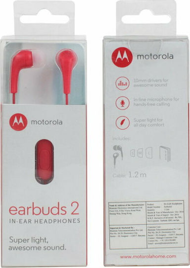 Motorola Earbuds 2 In-ear Handsfree με Βύσμα 3.5mm Κόκκινο