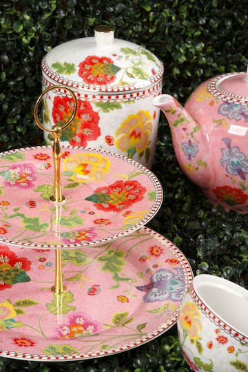 Cryspo Trio Floral Etajeră 2 niveluri din Porțelan Roz Ø27xY27cm 1buc
