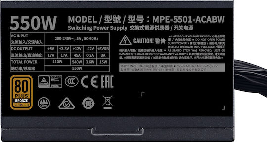 CoolerMaster MWE 550 Bronze rev. 2.0 550W Black Computer Power Supply Full Wired 80 Plus Bronze