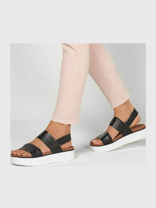 Summer Rose Leather Women's Flat Sandals with Strap in Black Color