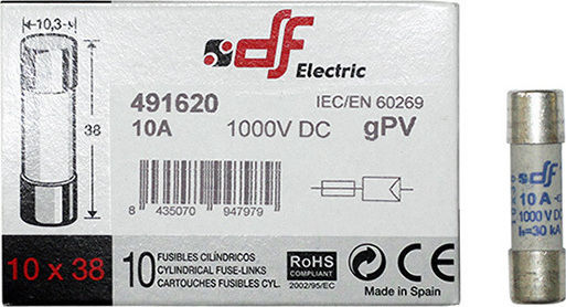 Adeleq Sicherung Zylindrisch Porzellan 10x38mm 10A für Photovoltaik (88-10100) 1Stück