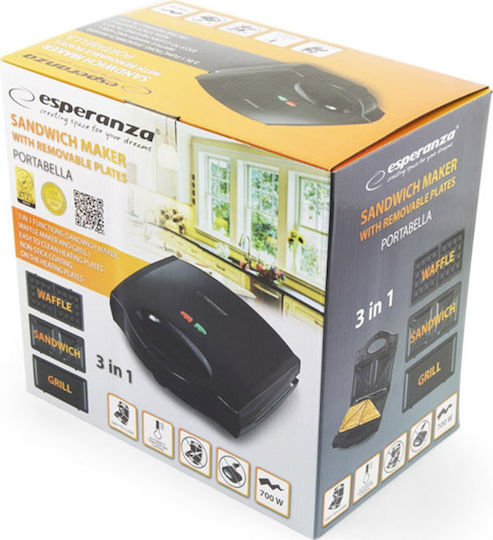Esperanza Sandwich Maker with Removable Plates for for 2 Sandwiches Sandwiches 700W Black