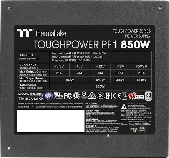 Thermaltake ToughPower PF1 850W Μαύρο Τροφοδοτικό Υπολογιστή Full Modular 80 Plus Platinum