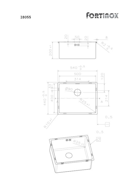 Fortinox Squadro 28055-110 Undermount Sink Inox Satin W54xD44cm Silver