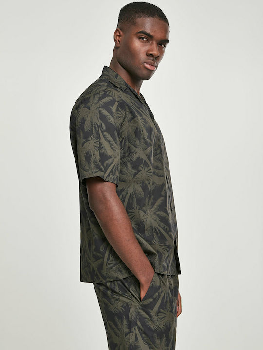 Short-sleeved Cotton Shirt Floral Khaki