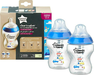 Tommee Tippee Plastic Bottle Set Closer to Nature Anti-Colic with Silicone Nipple for 0+, 0+ m, months Blue Cars 260ml 2pcs 42252185