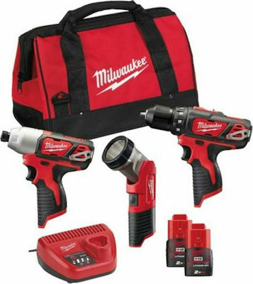 Milwaukee M12 BPP4A-202B Set Bohrschrauber & Schlagschraubendreher & Stichsäge & Objektiv 12V mit 2 Batterien 2Ah